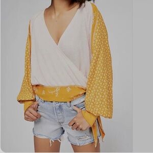 FREE PEOPLE AUXTON THERMAL TIE WAIST BALLOON SLEEVES FAUX WRAP TWO TONE TOP